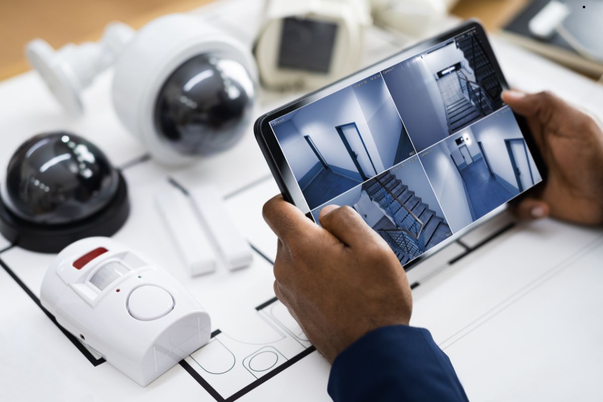 A modern home equipped with security camera systems for enhanced safety and surveillance. 